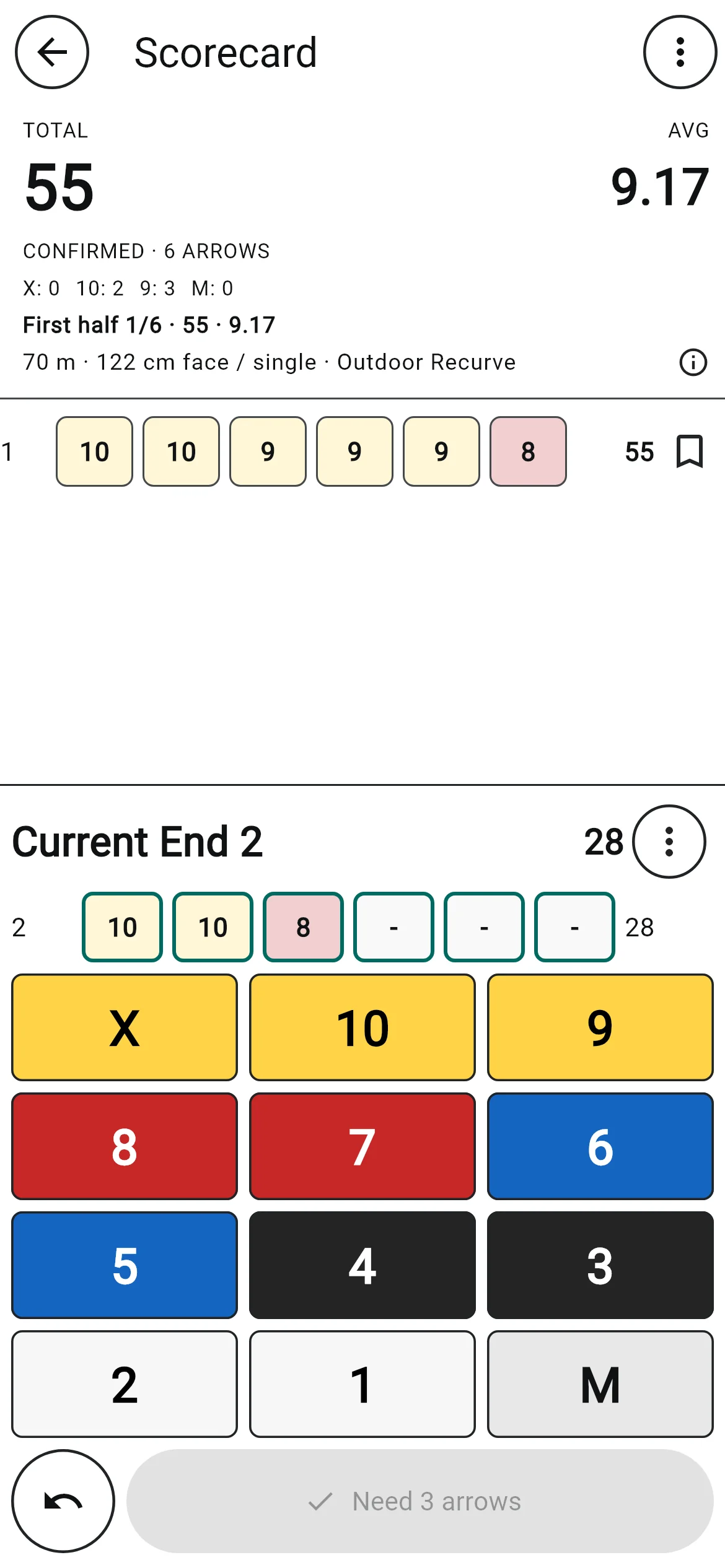 NockPath active outdoor scorecard with one complete sample end and large arrow-entry controls